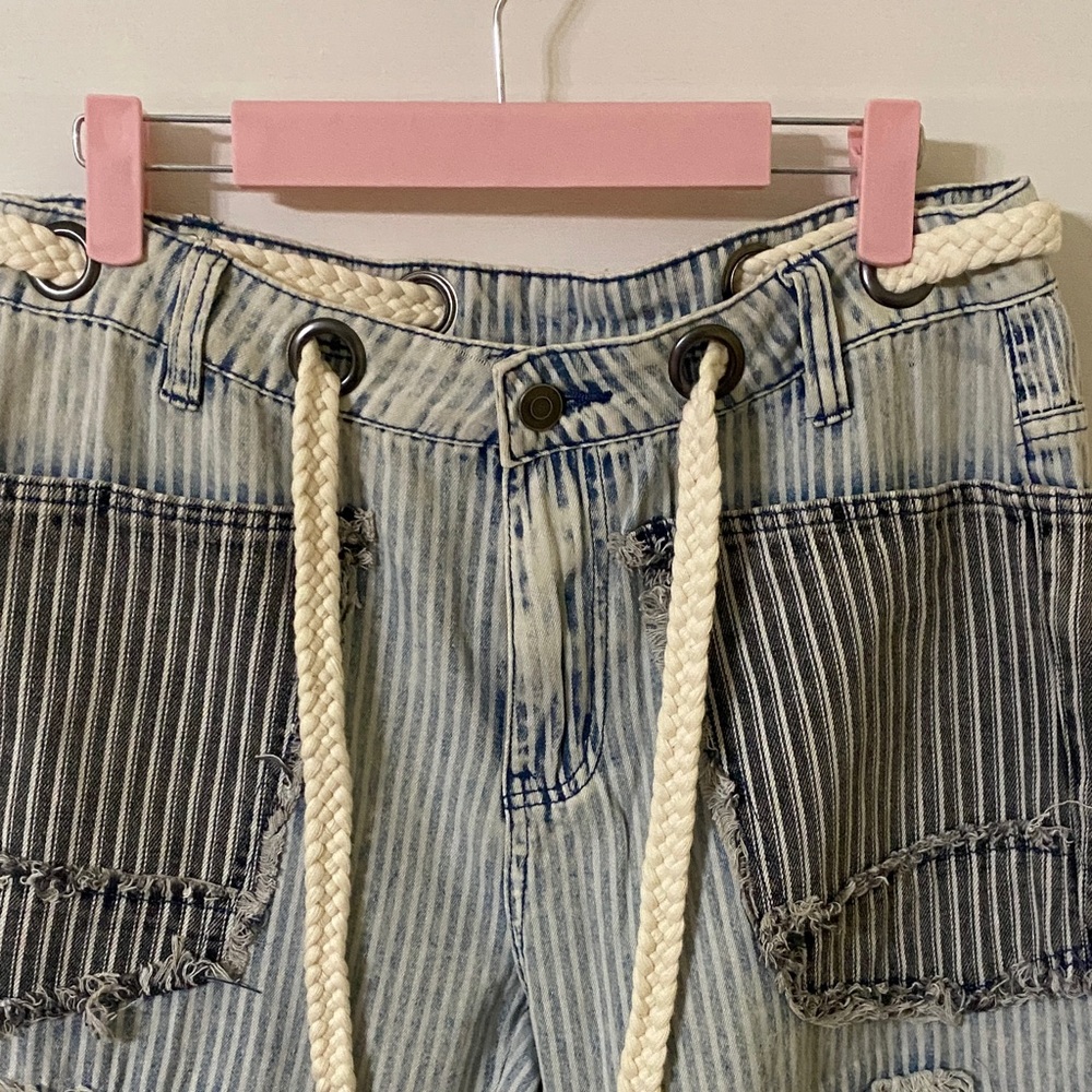 Oli & Hali Multi Stripe Patchwork Denim Barrel Jeans Light Wash Boho Size Small - Picture 3 of 9